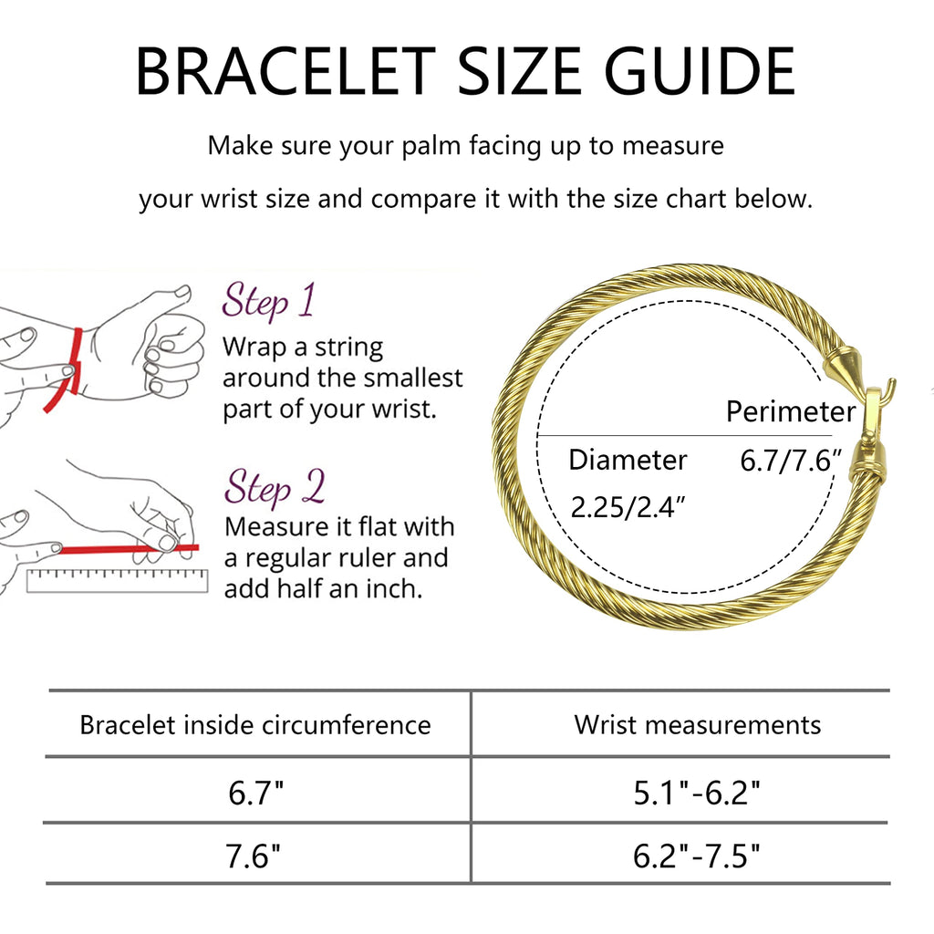 HX SHARE Twisted Cable Bracelet Stylish Fine Stainless Steel Cable Cuff Bracelet with Hook Clasp Bracelets Jewelry for Women 18K Gold （7.6"）