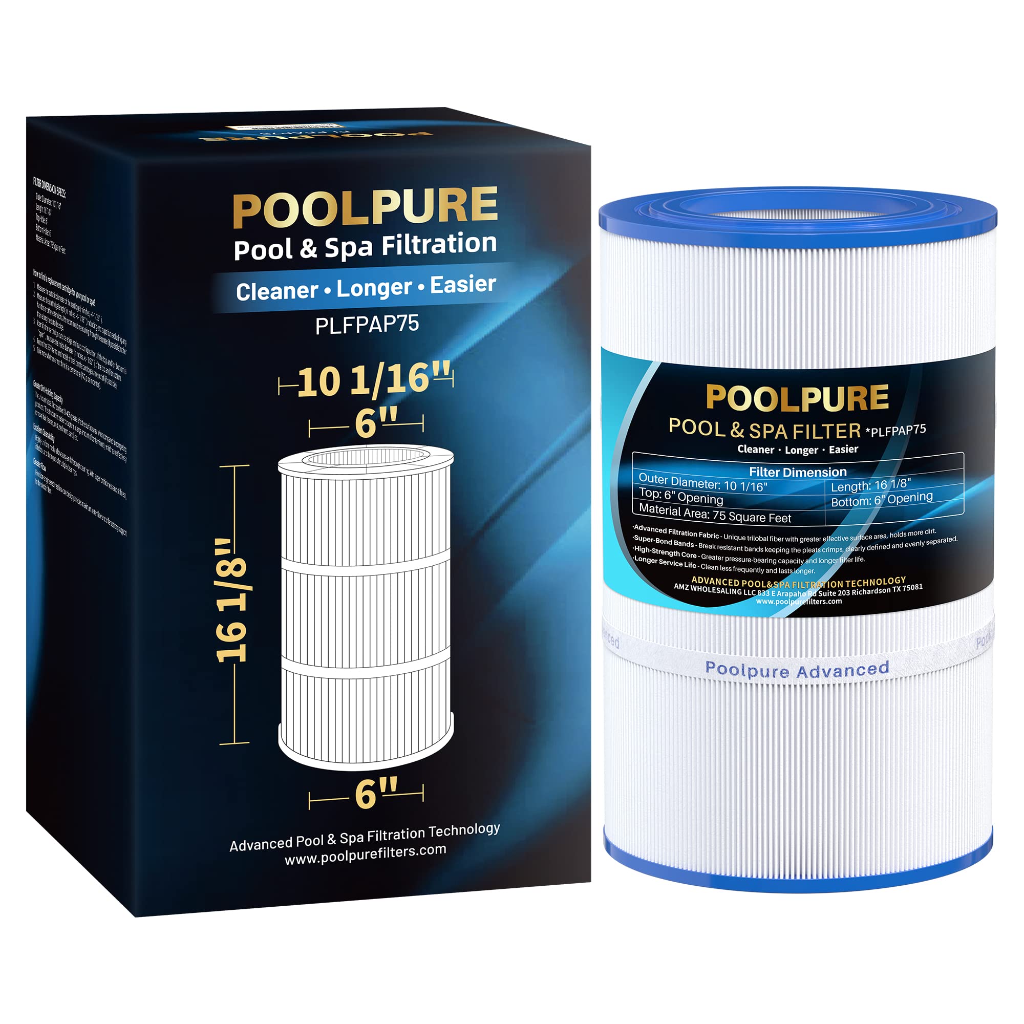 POOLPURE PAP75 Pool Filter Replaces Pentair CC75, PAP75, Pentair Clean & Clear 75, Ultral-C2, R173214, 59054100, Unicel C-9407, Filbur FC-0685, 590541, 75 sq.ft Filter Cartridge 1 Pack