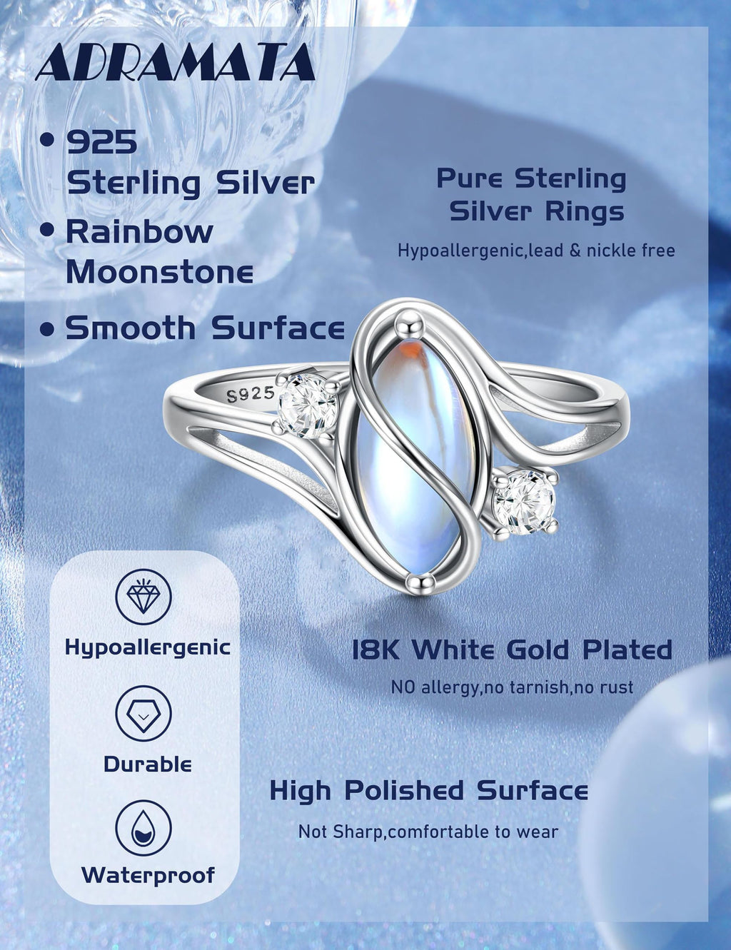 ADRAMATA 925 Sterling Silver Rings for Women Moonstone Ring Statement Size8