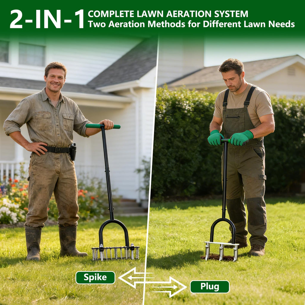 Bigwish 2-in-1 Lawn Aerator Tool with Interchangeable Spike & Plug Core Heads, Manual Lawn Aerator with Adjustable Handle, Heavy Duty Yard Aerator for Soil Loosening Lawn Care Garden Yard