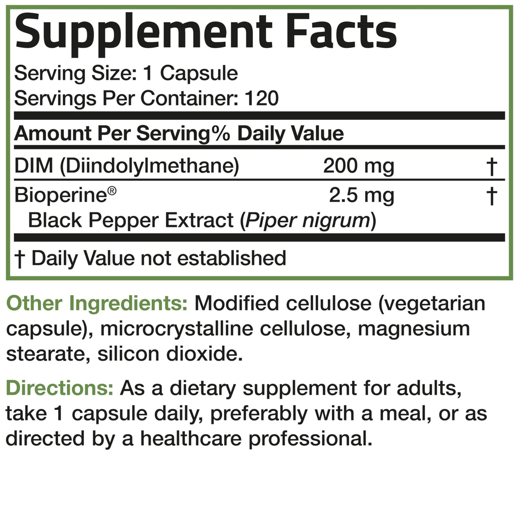 Bronson DIM Supplement 200 MG Diindolymethane with BioPerine for Enhanced Absorption, Estrogen Metabolism & Maintains Balanced Hormone Levels, 120 Vegetarian Capsules