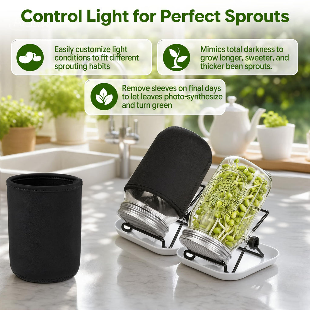 Wnfou 4 Pack Sprouting Jar Kit with Wide Mouth Mason Jars, Sprouting Lids, Stands, Drip Trays and Brushes, Seed Sprouter Set for Growing Broccoli, Mung Bean and Fresh Sprouts for Indoor Kitchen Use