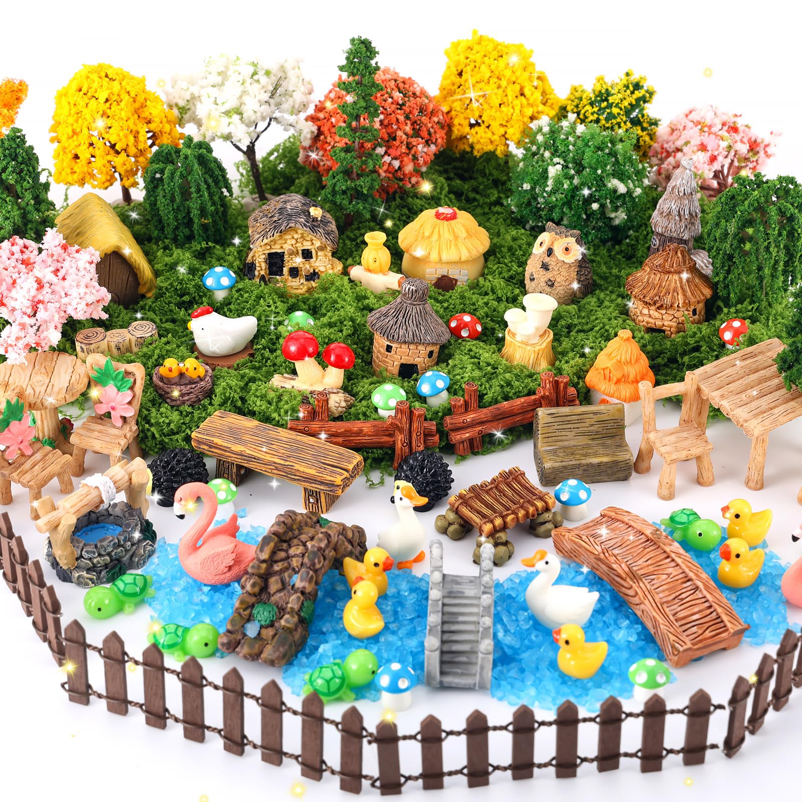 Ailefentene 84 Pcs Fairy Garden Accessories, Miniature Village Starter Kit with Moss Model Tree Tiny Resin Animal Figures, DIY Bonsai Micro Landscape Ornament for Terrarium Succulent Dollhouse Craft