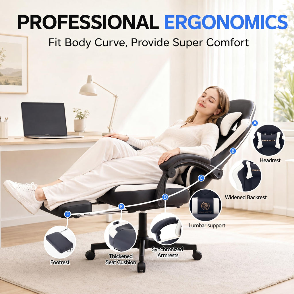 Kslysuty Desk Computer Gaming Chair - High Back Ergonomic Office Chair with Footrest and Lumbar Support, Swivel Comfy Home Gamer Video Game Chairs with Pocket Spring Cushion for Adults (White Leather)