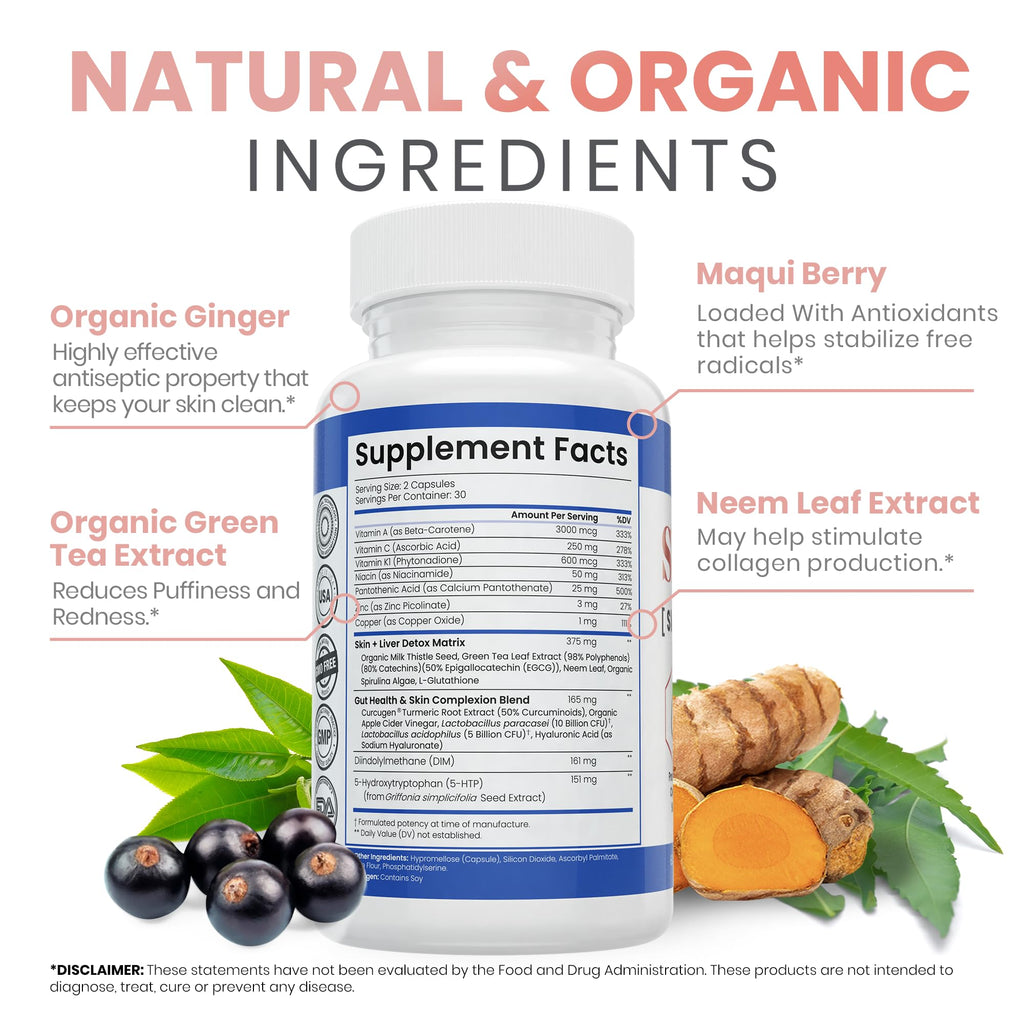 Zen Nutrients SkinVite Natural Skin Supplement for Women, Men & Teens - Hormonal Breakouts & Clear Skin Support Supplement - Detoxifying Vitamin for Acne and Digestion Support