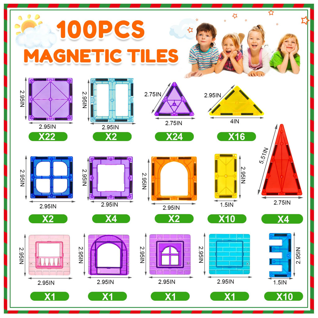 NVHH 100PCS Magnetic Tiles Blocks for Kids Ages 3-5 4-8 STEM Learning Toys