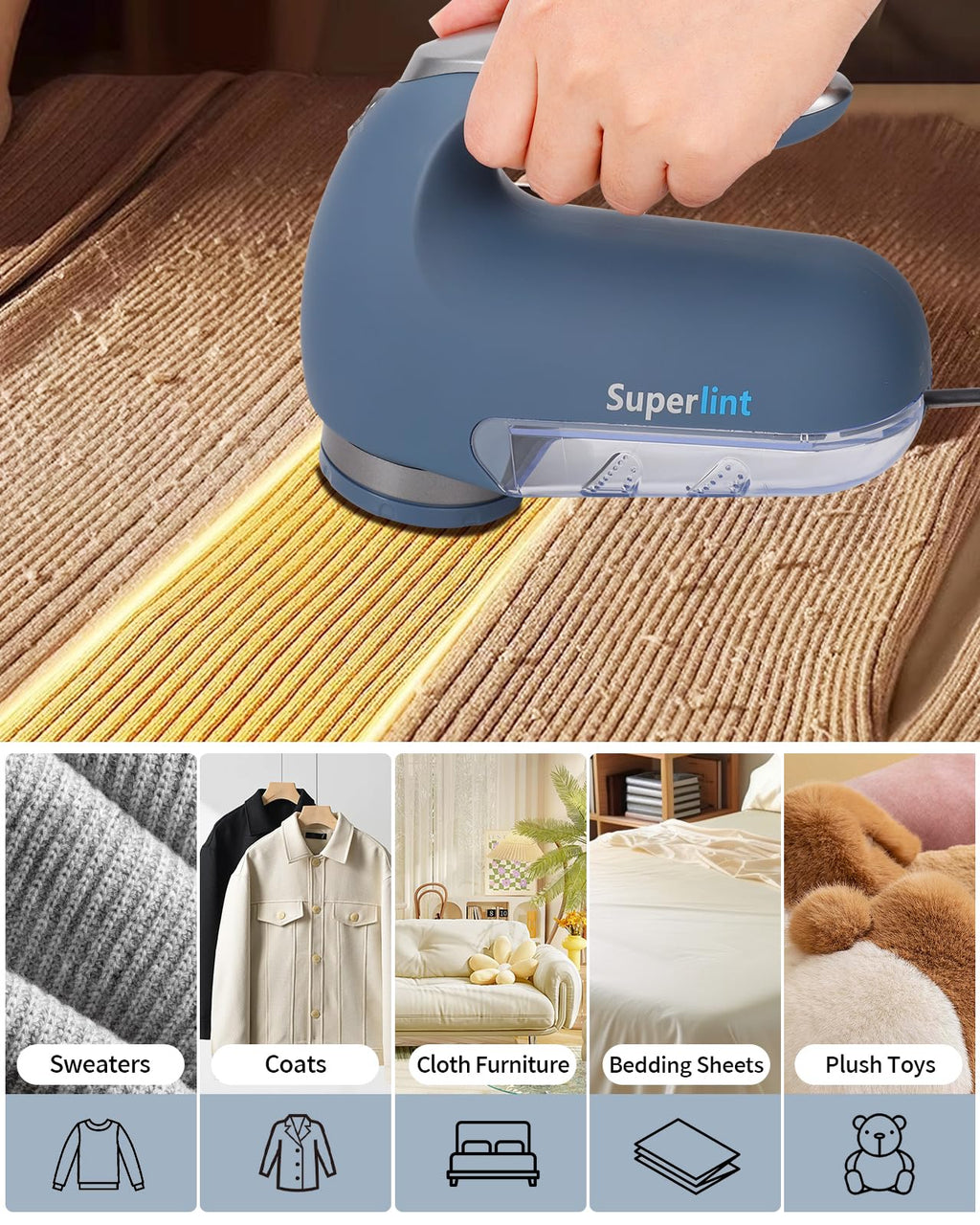 SUPER LINT Electric Sweater Shaver Fuzz Pill Bobble Remover for Fabric Fleece Curtains Clothes, Marine Blue & Silver