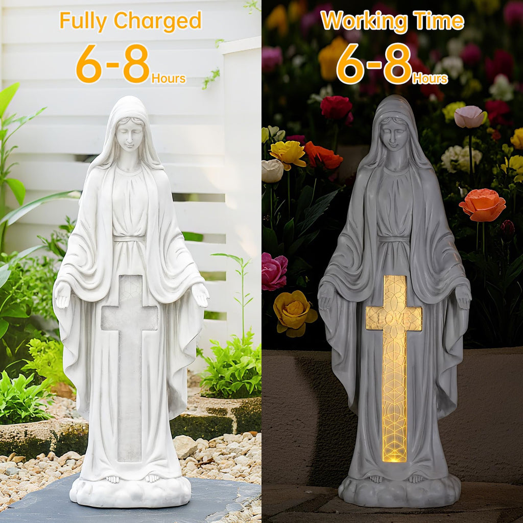 VChymm Solar Virgin Mary Praying Statue 27.9 Inch- Outdoor Religious Garden Decor with LED Lights, Weather-Resistant Magnesium Oxide Sculpture for Yard, Patio, Entryway （White Solar Virgin Mary）