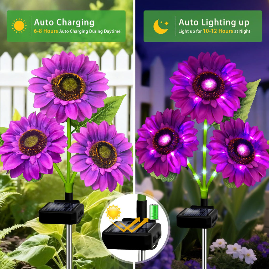 ANGMLN Solar Lights Outdoor Garden Decor, 5 Pack with 15 Purple Sunflower Lights, Solar Flowers Waterproof, Birthday Gifts for Mom Women, Outside Decorative Light for Landscape Yard Patio Lawn