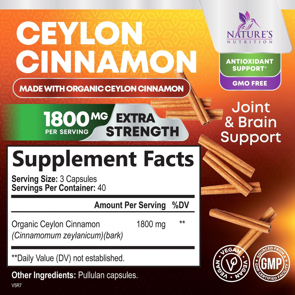 Organic Ceylon Cinnamon Supplement 1800mg Per Serving - Extra Strength Certified Organic Ceylon Cinnamon Powder Pills - Energy & Heart Support Antioxidant for Women & Men, Bottled USA - 120 Capsules