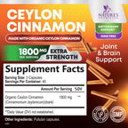 Organic Ceylon Cinnamon Supplement 1800mg Per Serving - Extra Strength Certified Organic Ceylon Cinnamon Powder Pills - Energy & Heart Support Antioxidant for Women & Men, Bottled USA - 120 Capsules