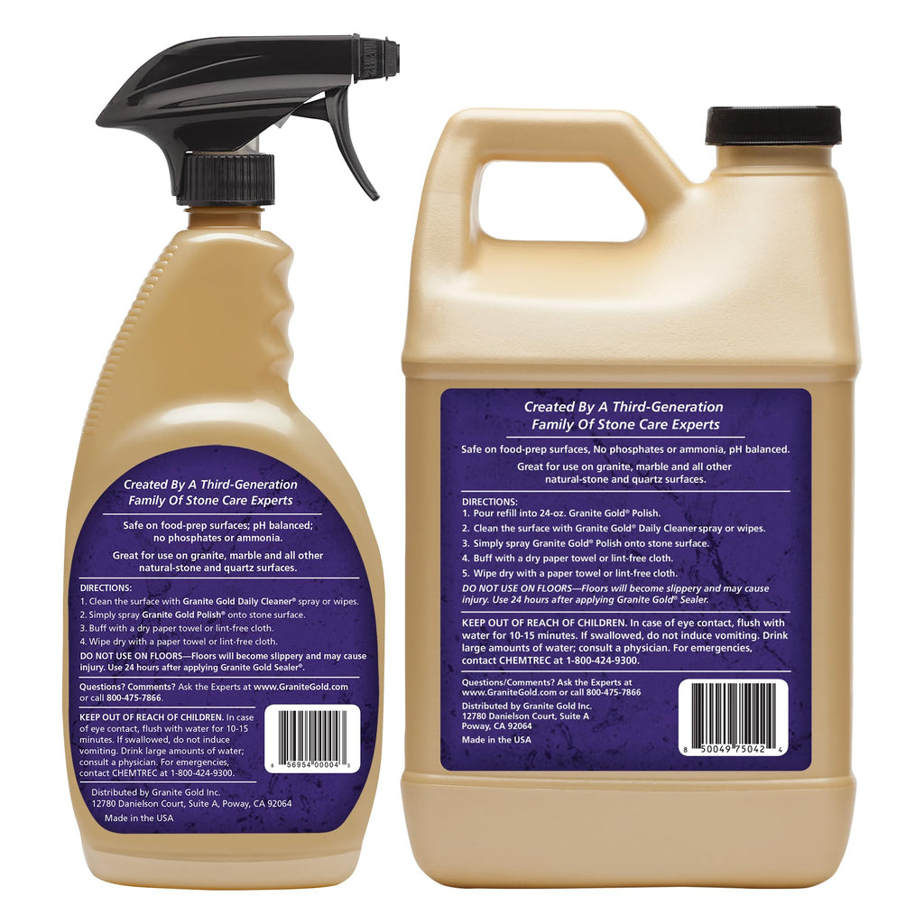 Granite Gold Polish Spray, Streak-Free Shine for Granite, Quartz, Marble, Travertine, Natural Stone Countertops, 64 Fluid Ounces and 24 Fluid Ounces