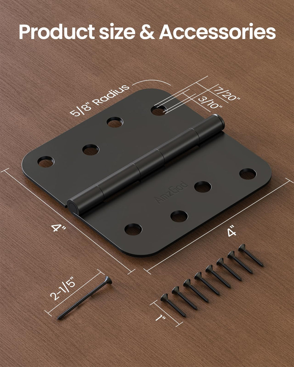 4" X 4" Black Door Hinges – 6 Pack Matte Black Door Hinges with 5/8" Radius, Rounded Interior Heavy Duty 4 Inch Black Hinge for Front and Exterior Doors
