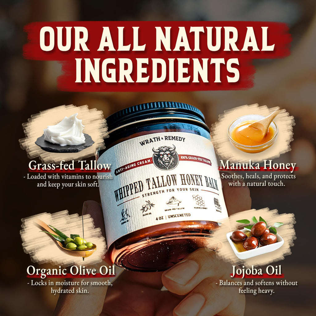 Organic Beef Tallow for Skin - 4 OZ (Unscented) — Grass Fed Beef Tallow for face + Body — US-Made Whipped Tallow and Honey Balm Moisturizer for Dry and Sensitive Skin, Eczema, Rosacea (No Additives)