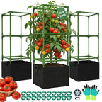 Uyittour 3 Pack Square Tomato Cages with Grow Bags, 45" Heavy Duty Square Tomato Trellis Plant Support for Raised Garden Bed Climbing Vegetables, Set with Garden Gloves, 20 Clips & 65FT Tie Wire