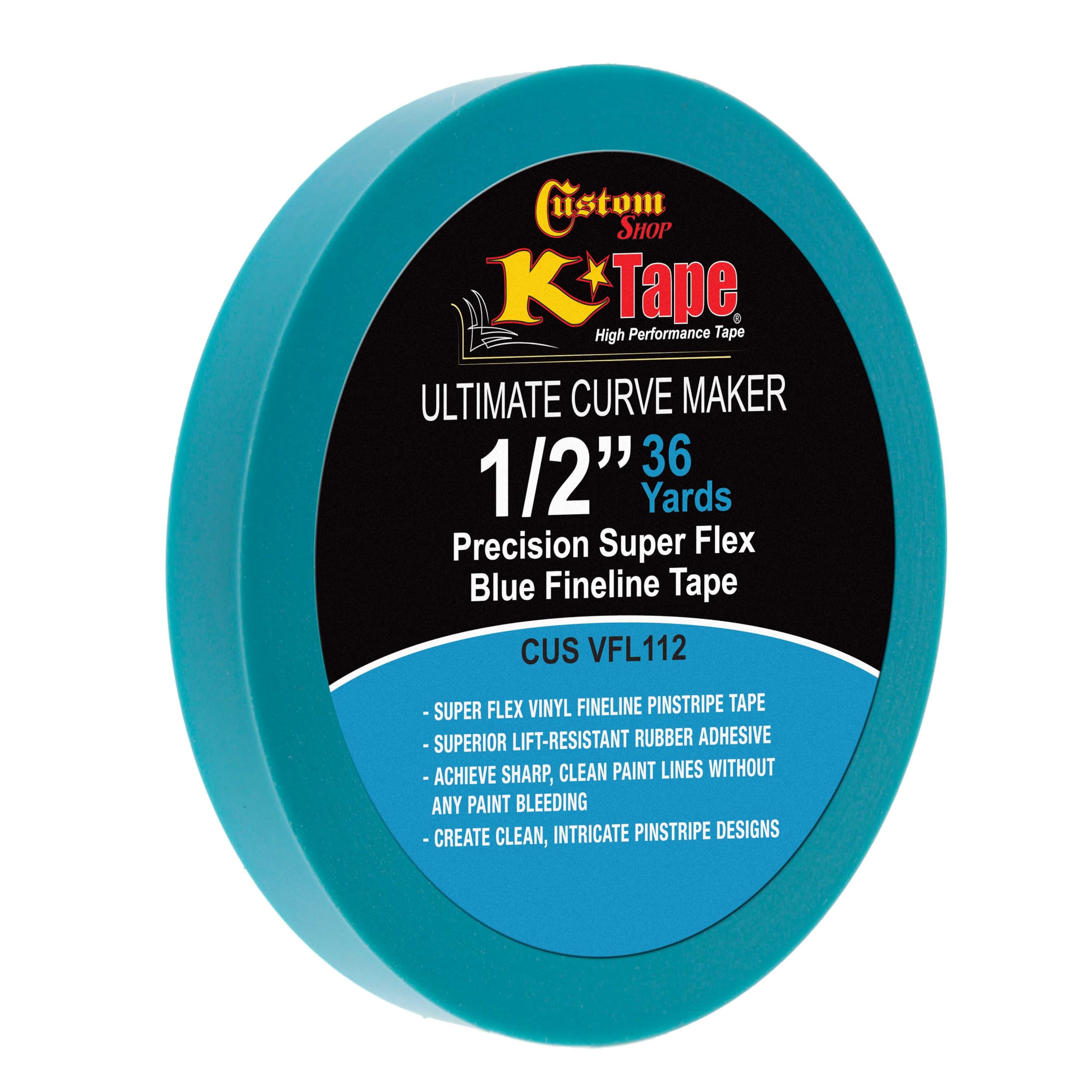 Custom Shop Vinyl Fineline Pinstripe Tape, Blue 1/2" x 36 Yard Roll - Create Sharp Graphic Design Curves, Mask Fine Lines, Conformable Paint Masking Striping Tape for Auto, Motorcycle, Flame Painting