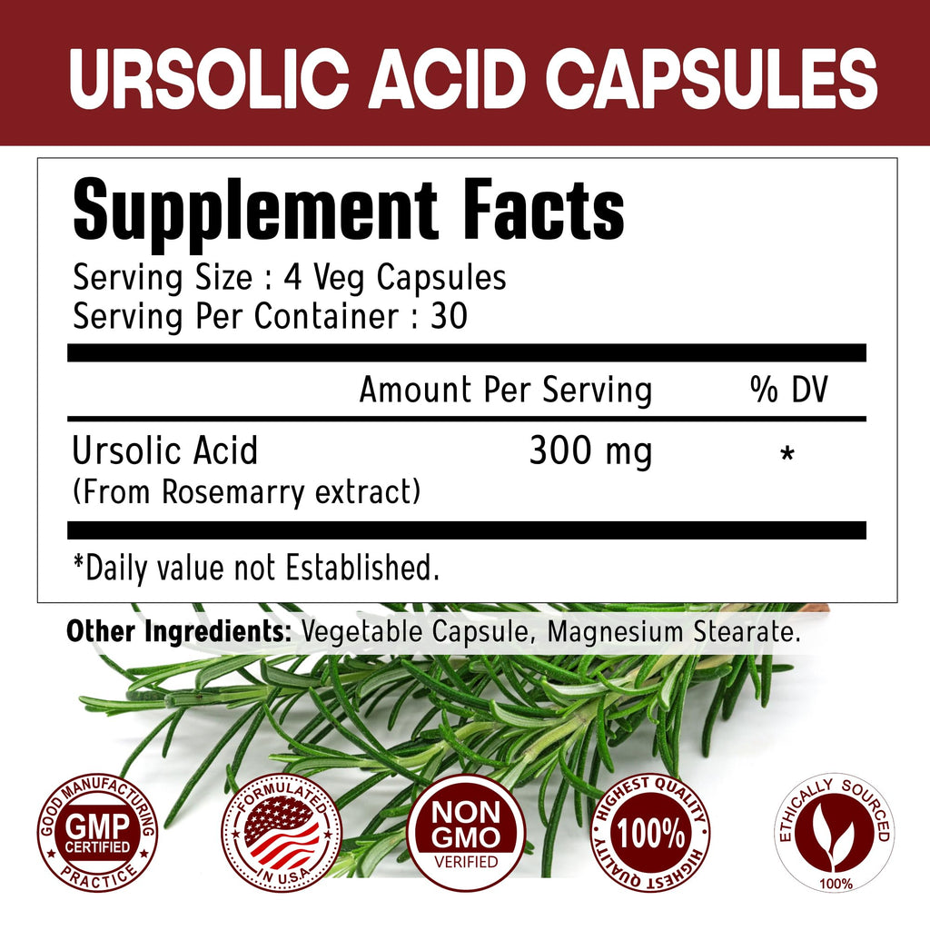 Immortal Herbs Pure Ursolic Acid Supplement 300mg, 120 Pills, Rosemary Leaf Extract Powder, Non-GMO and Gluten-Free Ursolic Acid Capsules for Women and Men