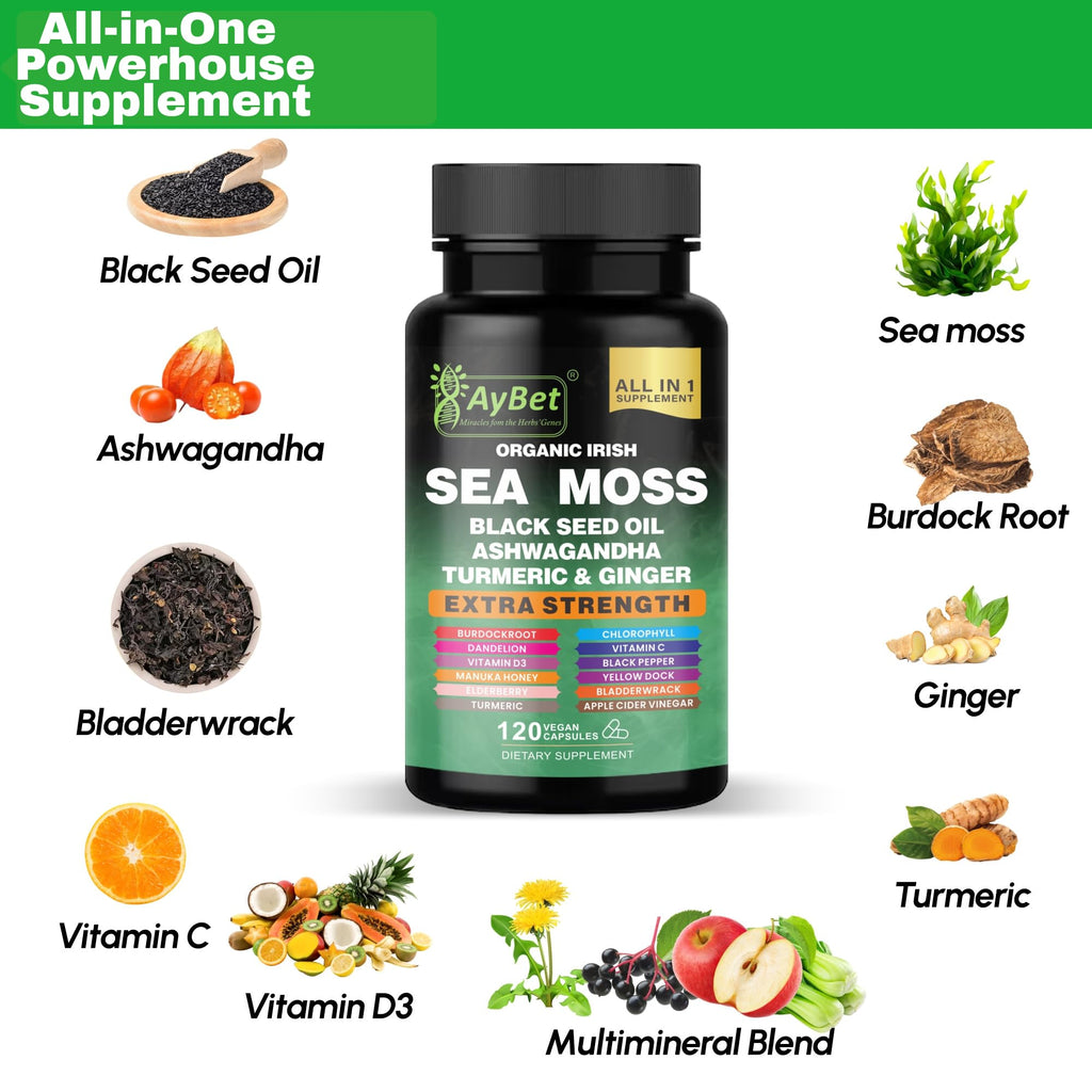 Organic Irish Sea Moss Capsules 120 Count –16 in 1 Sea Moss Supplement with Black Seed Oil, Ashwagandha, Turmeric & Ginger, Bladderwrack & Burdock Root, Vitamin D3 –Organic, Vegan, Halal, Non-GMO