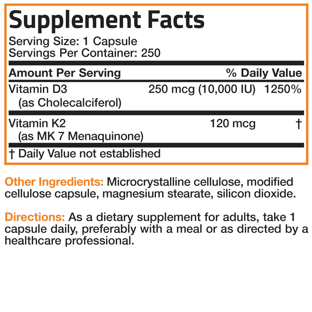 Bronson Vitamin K2 (MK7) with D3 Extra Strength Supplement Bone and Heart Health Non-GMO Formula 10,000 IU Vitamin D3 & 120 mcg Vitamin K2 MK-7 Easy to Swallow Vitamin D & K, 250 Capsules