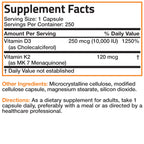 Bronson Vitamin K2 (MK7) with D3 Extra Strength Supplement Bone and Heart Health Non-GMO Formula 10,000 IU Vitamin D3 & 120 mcg Vitamin K2 MK-7 Easy to Swallow Vitamin D & K, 250 Capsules