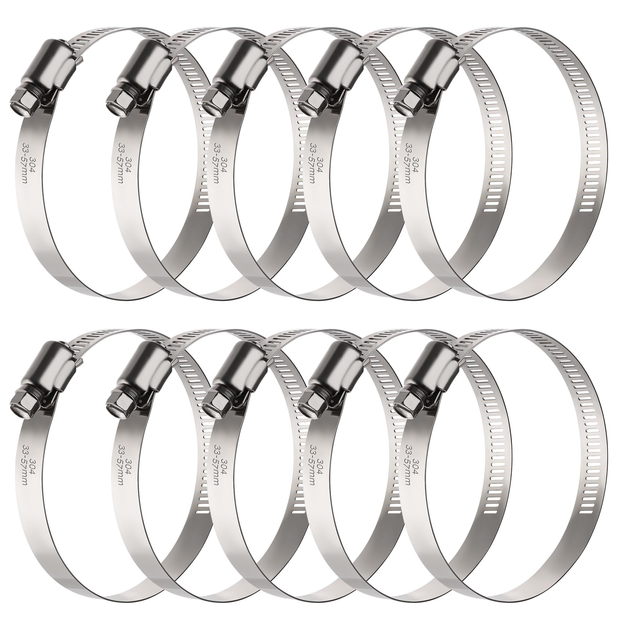 OURU 10PCS Hose Clamps Stainless Steel Adjustable 1-5/16"-2-1/4"(33-57mm)