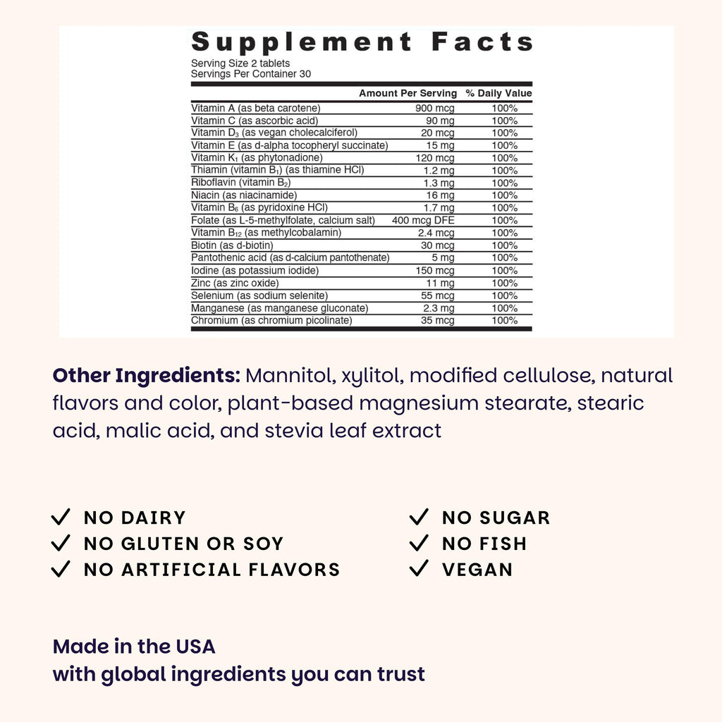EZ Melts Multivitamin Without Iron - Daily Supplement with 18 Vitamins & Minerals - Contains Vitamin C, Folate, Biotin & More - Non-GMO & Vegan - Apple - 60 Dissolvable Tablets (30 Servings)