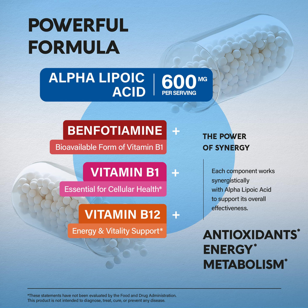 Alpha Lipoic Acid 600mg - ALA Supplement Antioxidant for Nerve, Energy & Metabolism Support - Extra Strength with Benfotiamine, B1 & B12 - Lab Tested, NON-GMO & Vegan - 240 Capsules, 4 Month Supply