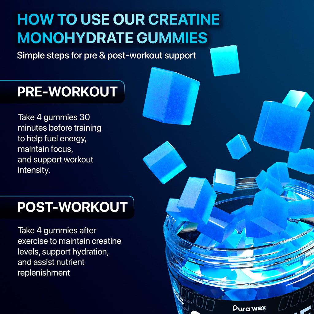PURA WEX NUTRITION Creatine Monohydrate Gummies 8500mg Complex for Men & Women - Pre Workout Creatine Chews for Muscle Growth, Strength & Energy, Sugar Free, Vegan, Blueberry Flavor - 120 Count