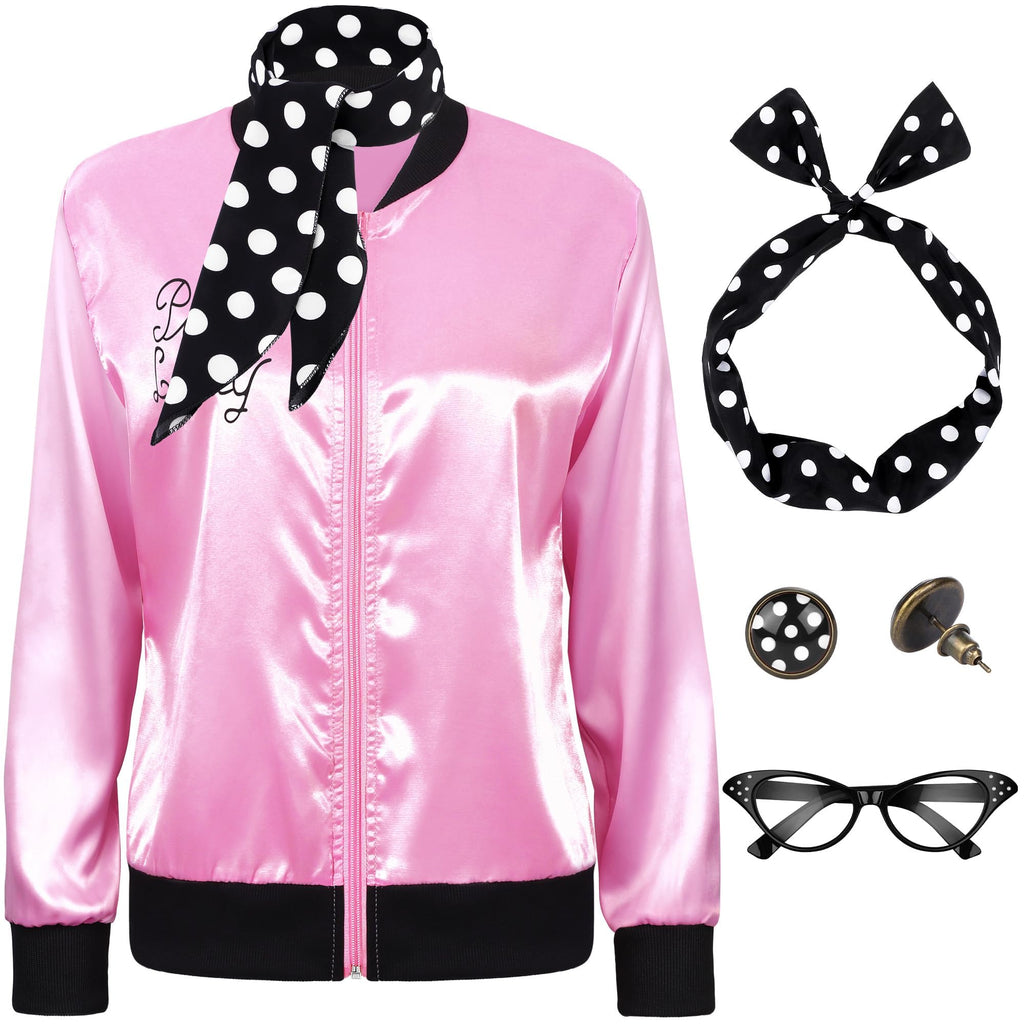 SOMSOC 5 Pieces 1950s Women Pink Satin Jacket with Polka Dot Scarf Headband Earrings Eye Glasses Halloween Party Costume Set
