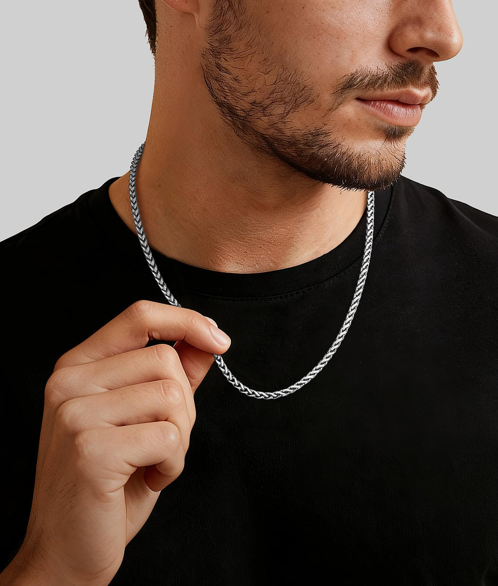 Jewlpire Silver Chain for Men, 4mm Wheat Chain Necklace Stainless Steel Necklaces Chains for Men, Mens Necklaces 20 Inch