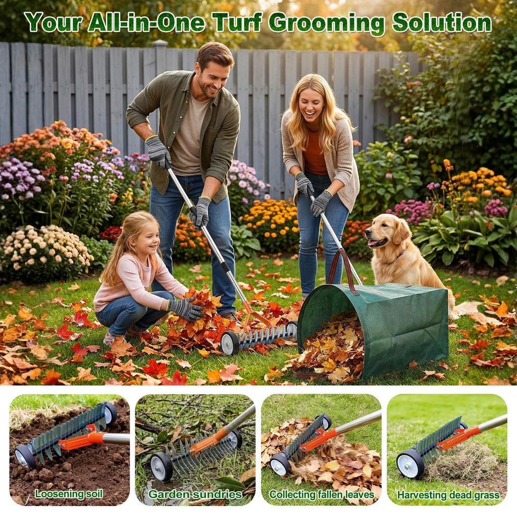 Wheeled Dethatching Rake for Lawn - 15" Heavy Duty Stainless Steel