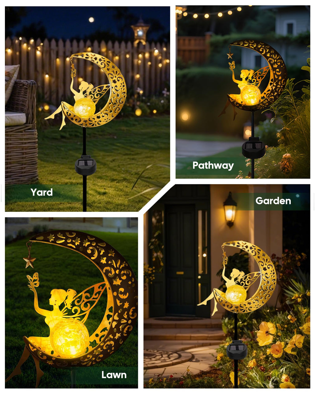 Vuees Solar Garden Statues Outdoor Decor, Fairy Moon Figurine Light Stake, Housewarming Ornament for Patio, Lawn, Yard, Pathway - Unique Gift Ideas for Gardening Mom Grandma