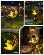 Vuees Solar Garden Statues Outdoor Decor, Fairy Moon Figurine Light Stake, Housewarming Ornament for Patio, Lawn, Yard, Pathway - Unique Gift Ideas for Gardening Mom Grandma