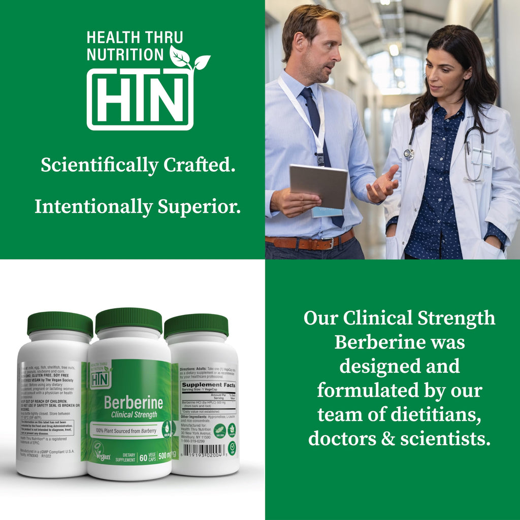 Health Thru Nutrition Berberine HCl 500mg 60 Servings | Clinical Strength Supplement | Certified Vegan | Non-GMO | Soy Free | 3rd Party Tested