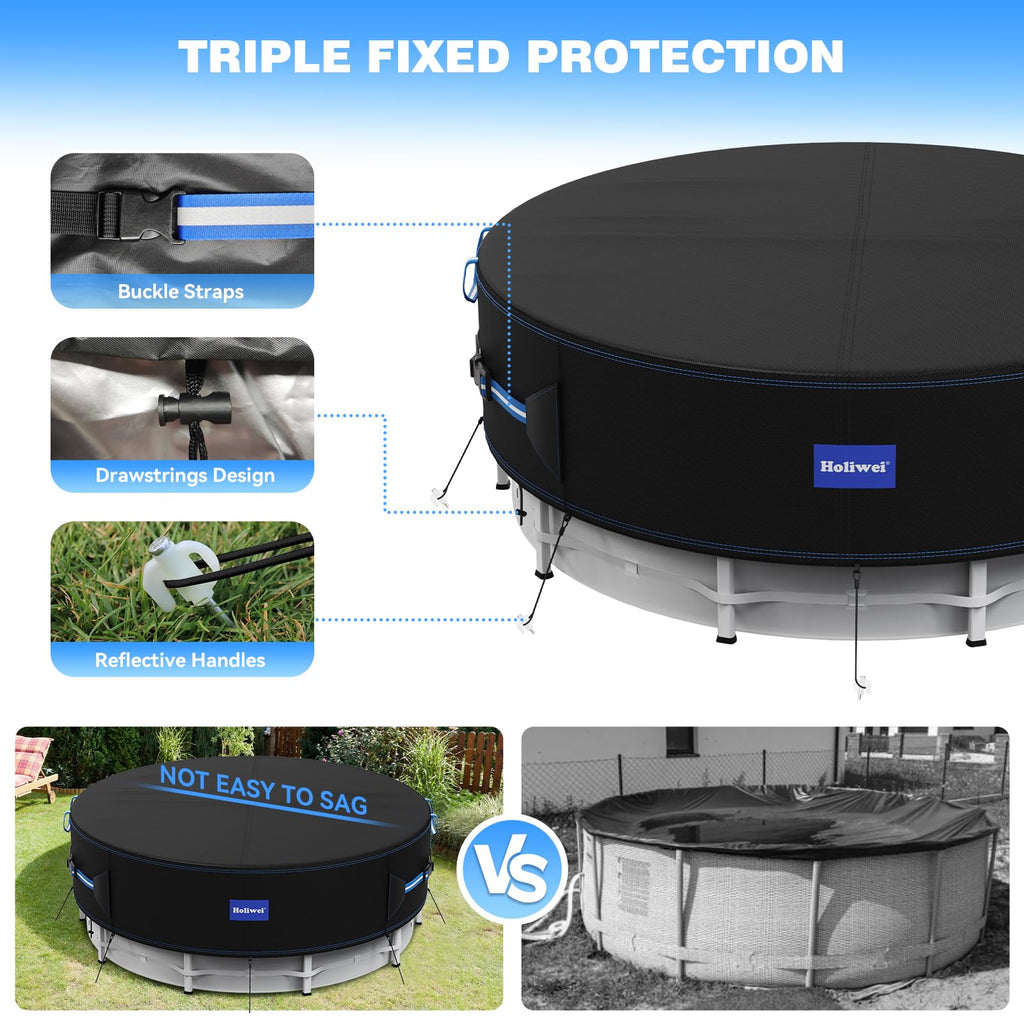 Holiwei 12 Ft Round Pool Cover with Reflective Strips, 420D Swimming Pool Cover for Above Ground Pools, Solar Cover with Drawstring and Ground Nails for Dustproof, UV Protected
