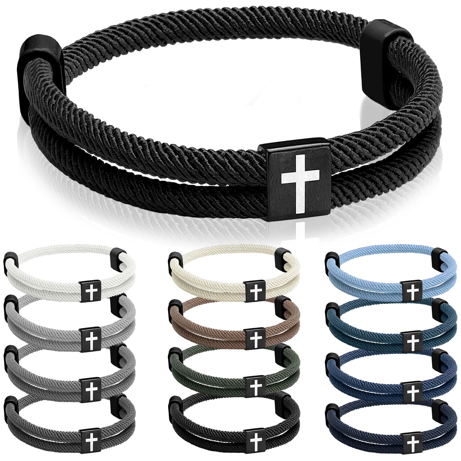 Landical 12 Pcs Braided Cross Bracelet for Men Women Christian Adjustable Rope Jesus Bracelets with Metal Knot Christian Baptism Gifts
