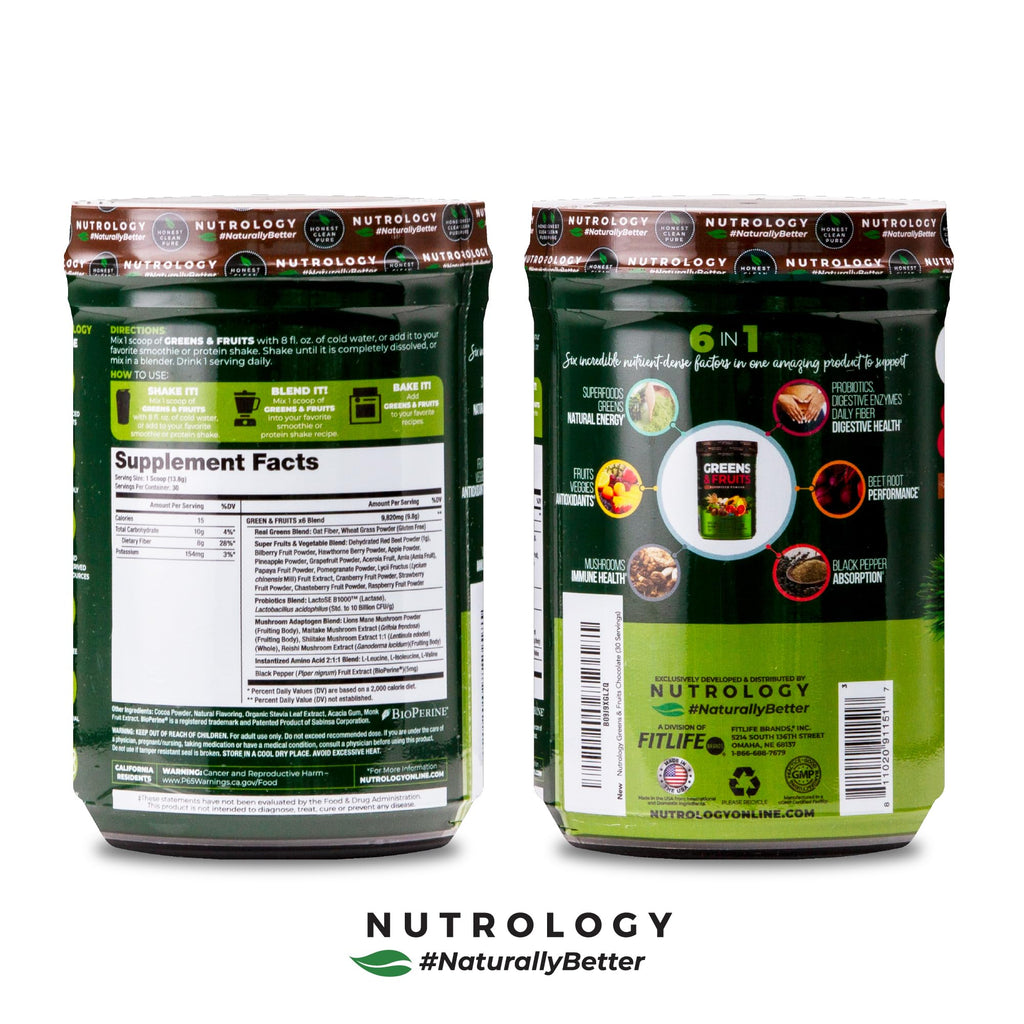 Nutrology Greens & Fruits Powder-Naturally Sourced Fruits, Vegetables, Beet Powder & Mushroom Blend, Probiotics, Digestive Enzymes, Fiber, Antioxidants, Immune Support, Gluten Free - Chocolate