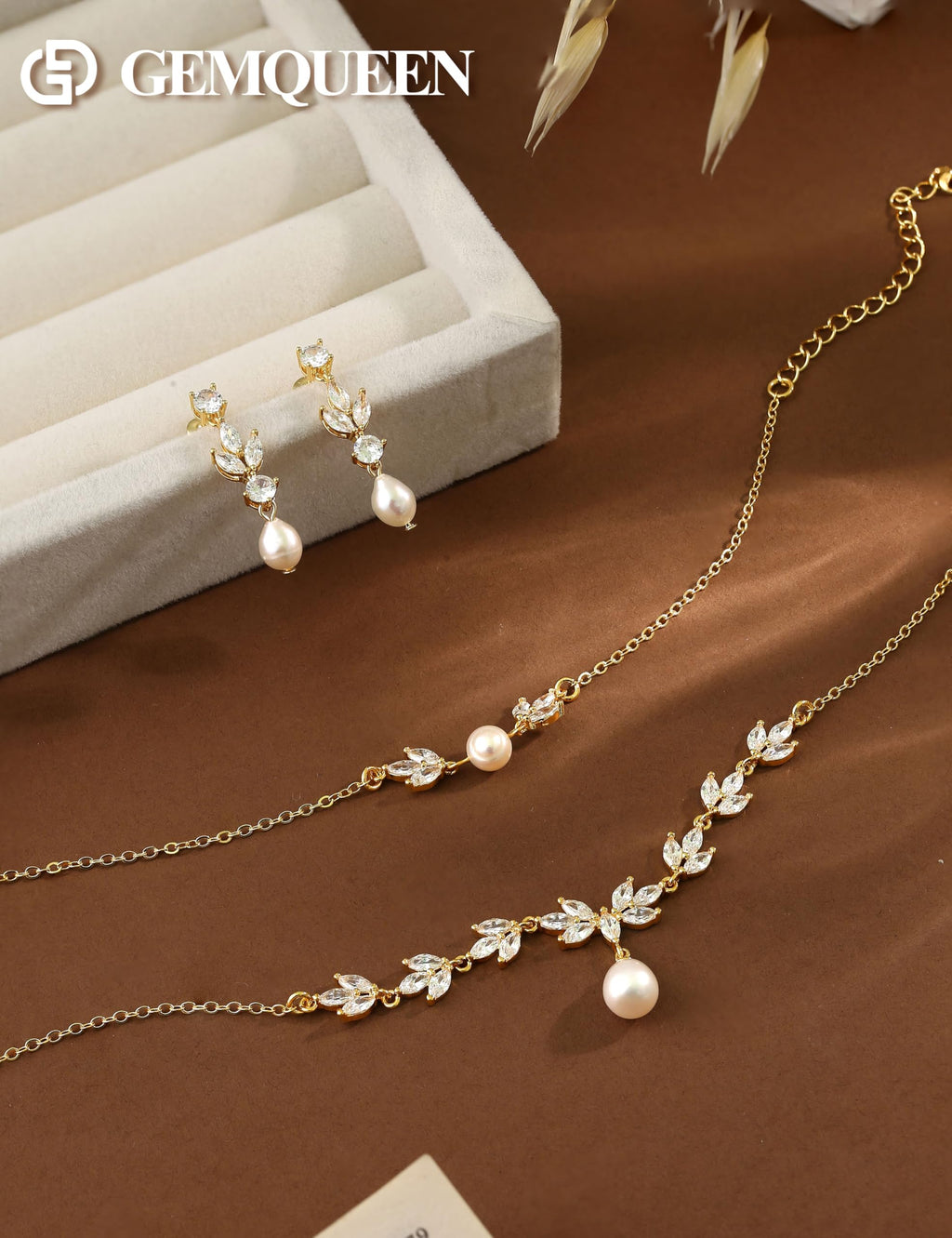 GEMQUEEN 14K Gold Plated Pearl Jewelry Set 925 Sterling SIlver Post