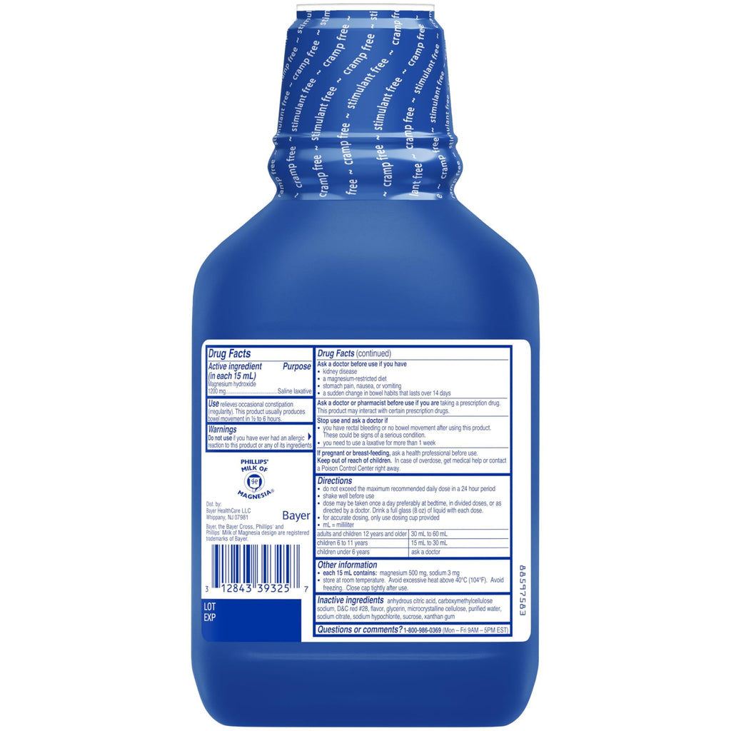 Phillips’ Milk of Magnesia Liquid Laxative, Wild Cherry Flavor, Stimulant Free, Cramp Free Relief of Occasional Constipation*, Effective in 30 minutes - 6 hours, #1 Milk of Magnesia Brand, 26 oz