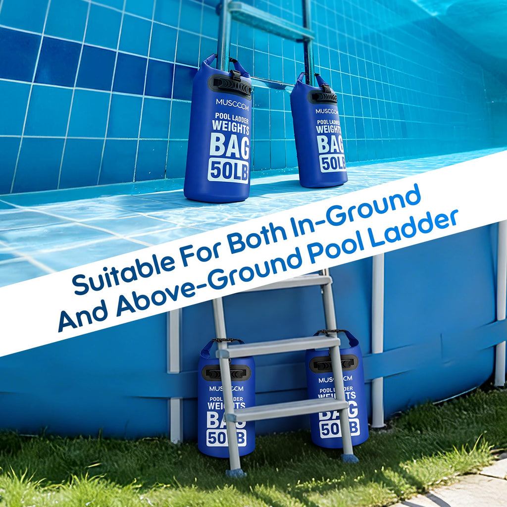 MUSCCCM 50LB Heavy Duty Pool Ladder Weights Bag, 500D PVC Universal Sand Bags Step Anchors Above Ground and Inground Pool Step Sand Bags with Handles, Pool Waterproof Foldable, Leak-Proof (2 Pack)