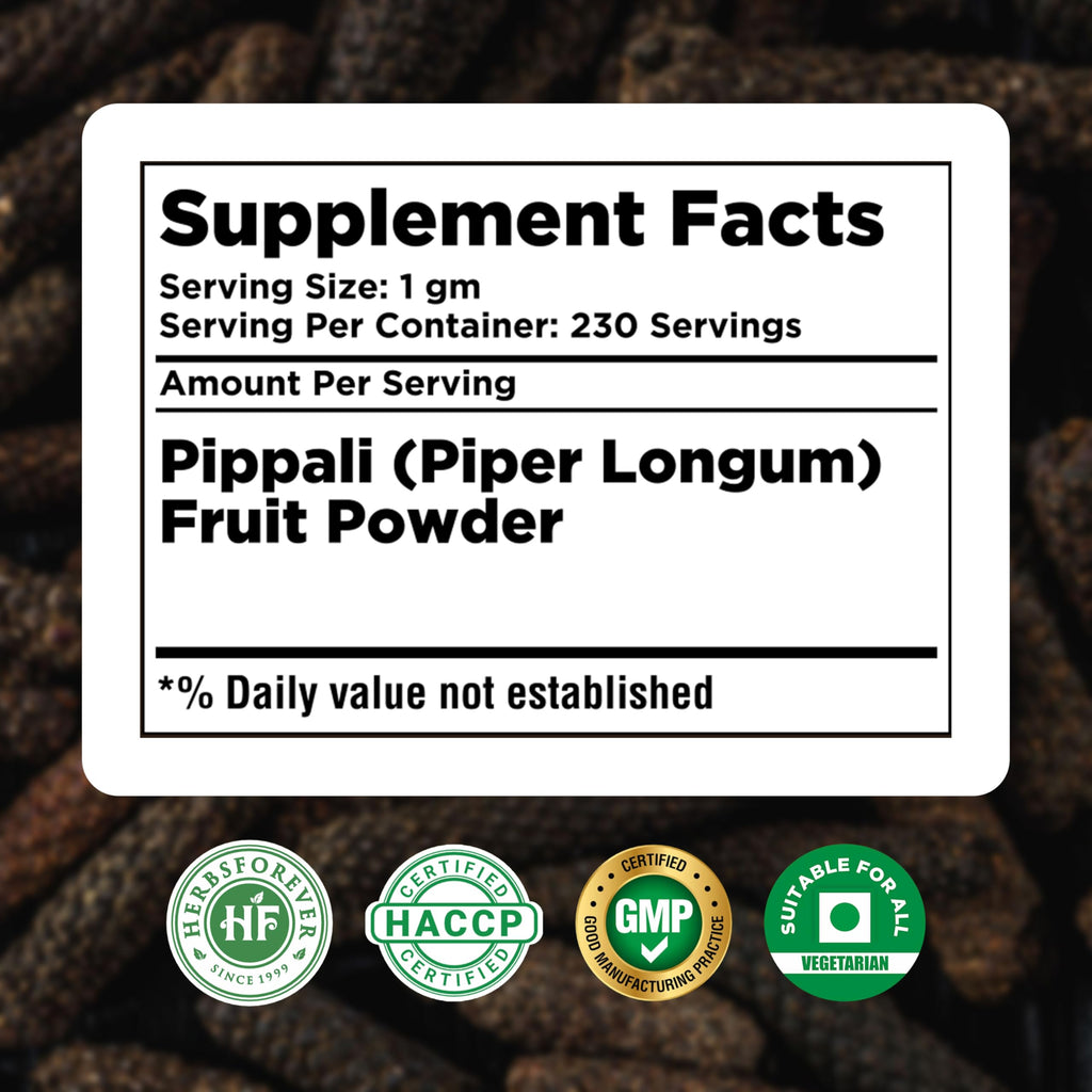 HerbsForever Pippali (Piper longum) Fruit, Powder |Cold Relief, Digestion & Gut Health Spices for Meat Seasoning| Wild Harvested-Non GMO, Vegan- 2X Potency,Ultra Clean,Steam Treated |230 GMS- ½LBS