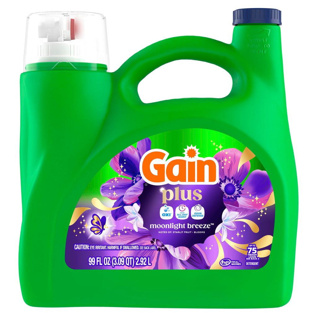 Gain Plus Liquid Laundry Detergent, Cleaner, Fresher, Now with Oxi, Moonlight Breeze Scent, 99 fl oz, 75 Loads