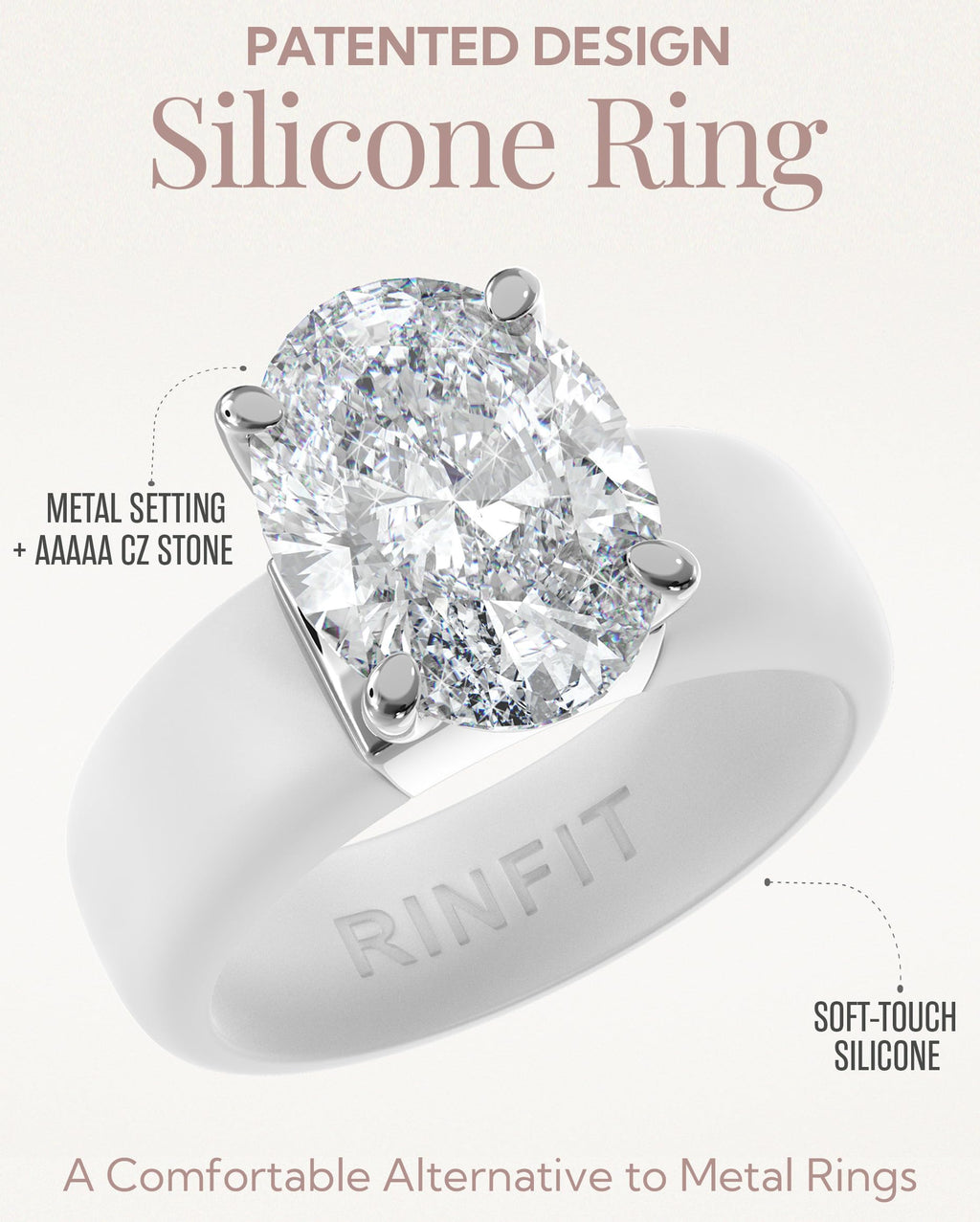 Rinfit Silicone Ring with Stone, Oval Cut CZ - Wht/Sil, Size 6