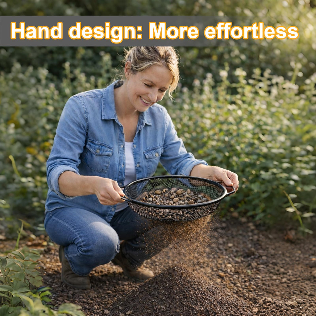 2PCS Soil Sifter for Gardening, Rock Sifter for 5 Gallon Bucket,Compost Sifter Dirt Sifter,Captures Dirt Rocks Sawdust Black Handle Upgrade Version