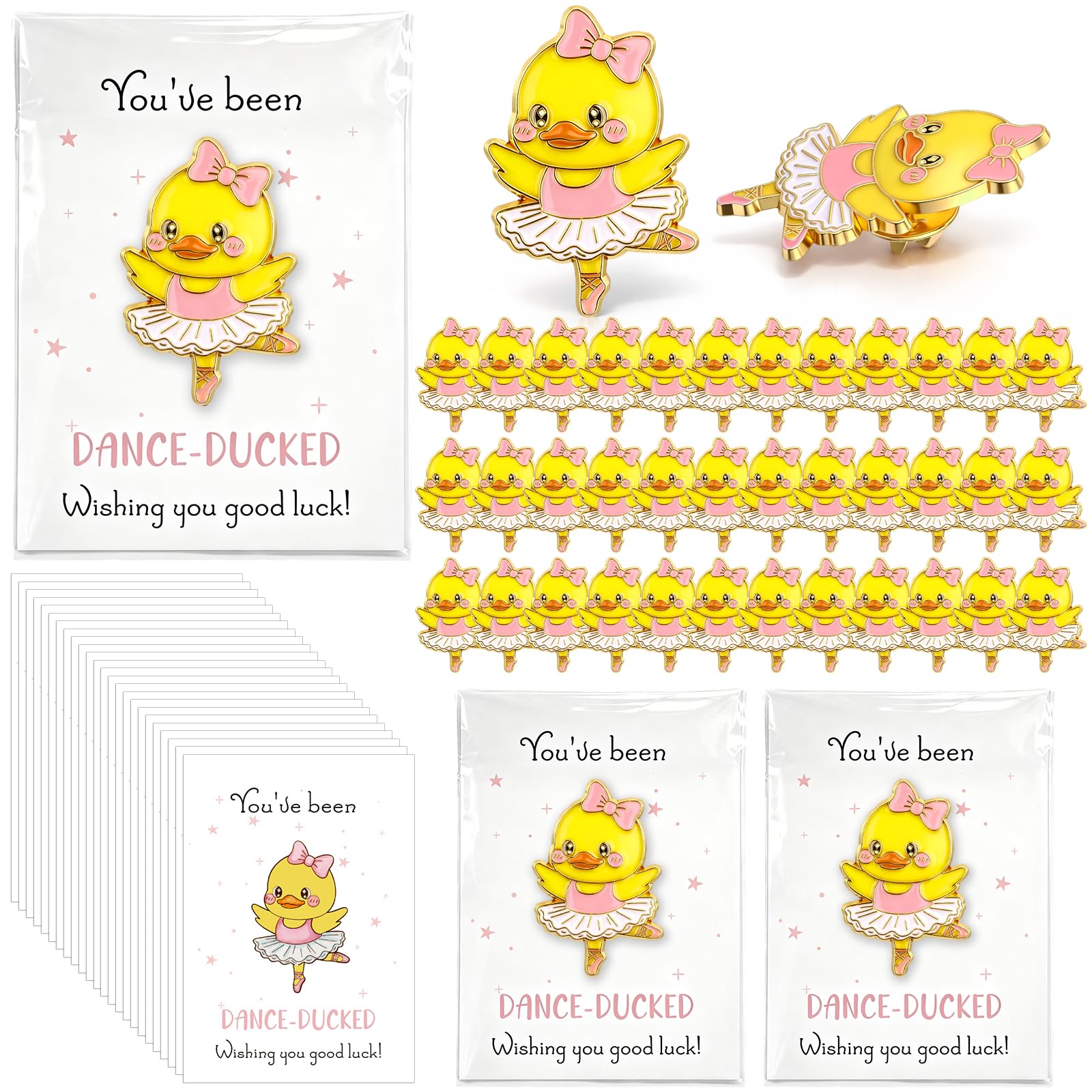 Hinly 36 Set Dance Gifts Bulk Include Ballet Duck Pins Brooches with You've Been Dance Ducked Greeting Card Inspirational Gift Accessories for Dancers Ballerina Party Favors (Pink)