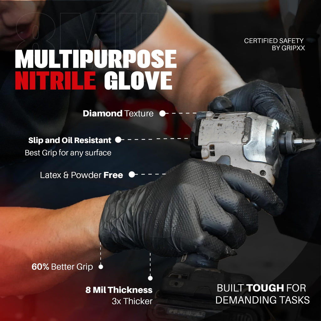 GRIPXX Herkules Grip Heavy Duty 8Mil Black Nitrile Gloves,3D Raised Diamond Texture-Latex & Powder-Free-Industrial, Mechanic (100, X-Large)