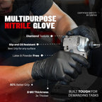 GRIPXX Herkules Grip Heavy Duty 8Mil Black Nitrile Gloves,3D Raised Diamond Texture-Latex & Powder-Free-Industrial, Mechanic (100, X-Large)