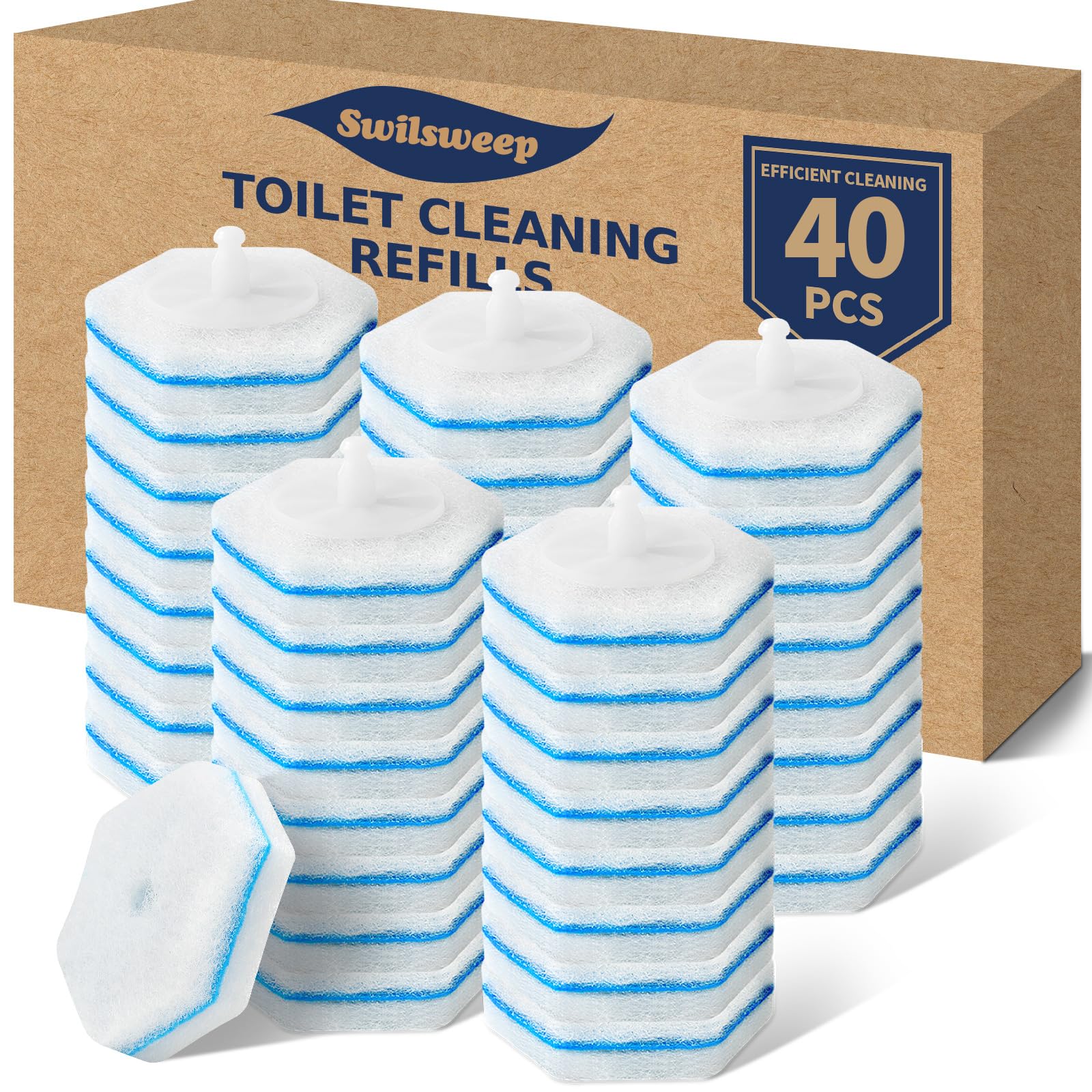 Swilsweep 40 Count Toilet Bowl Wand Refills, Disposable Toilet Cleaner Refills, Disposable Wand Heads Compatible with Clorox and the Most Toilet Brushes