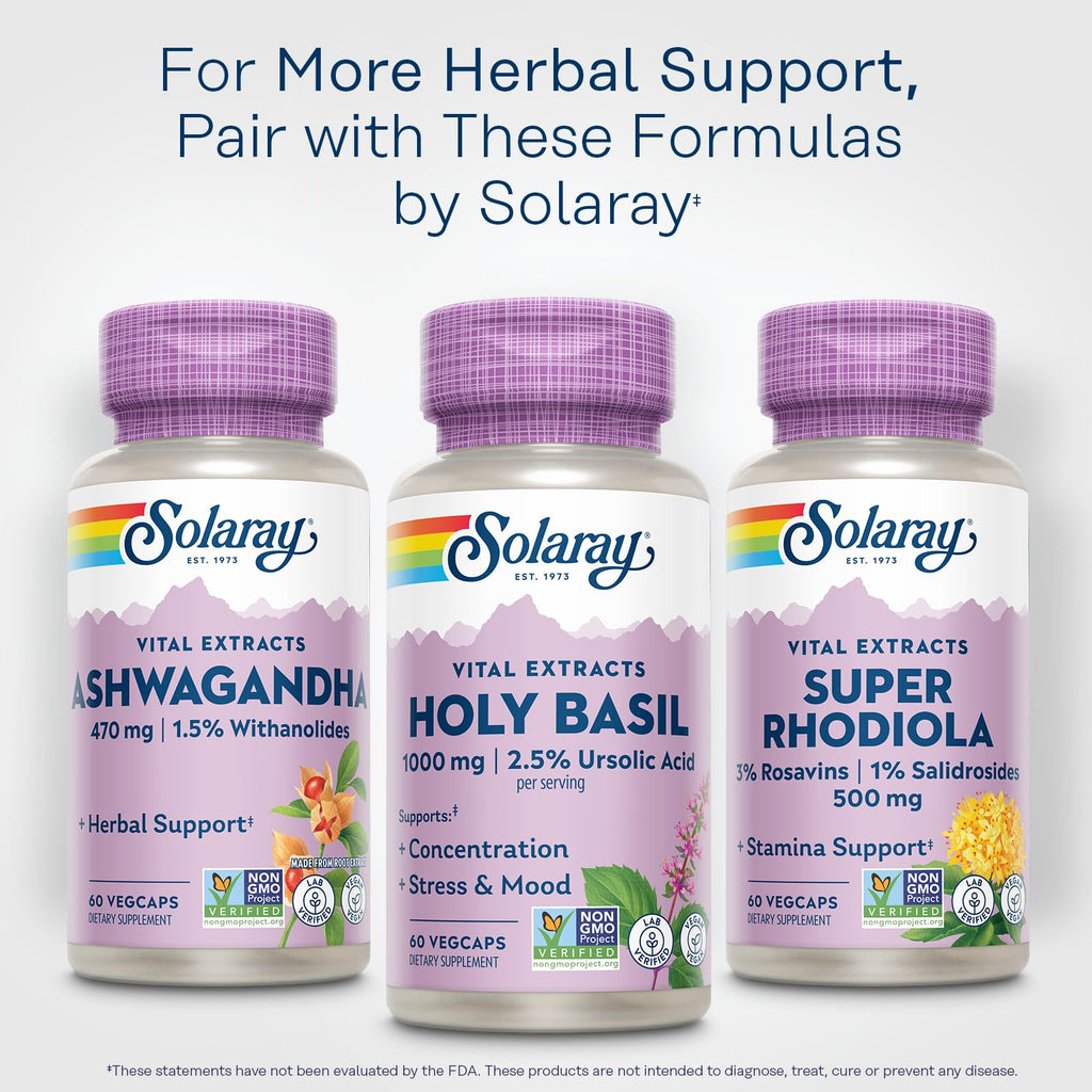 SOLARAY Holy Basil 1000 mg - Tulsi Holy Basil Adaptogen with 2.5% Ursolic Acid - Adrenal Support, Focus, Occasional Stress and Mood Support - Non-GMO, Vegan, Gluten Free, 60-Day Guarantee, 30 Servings