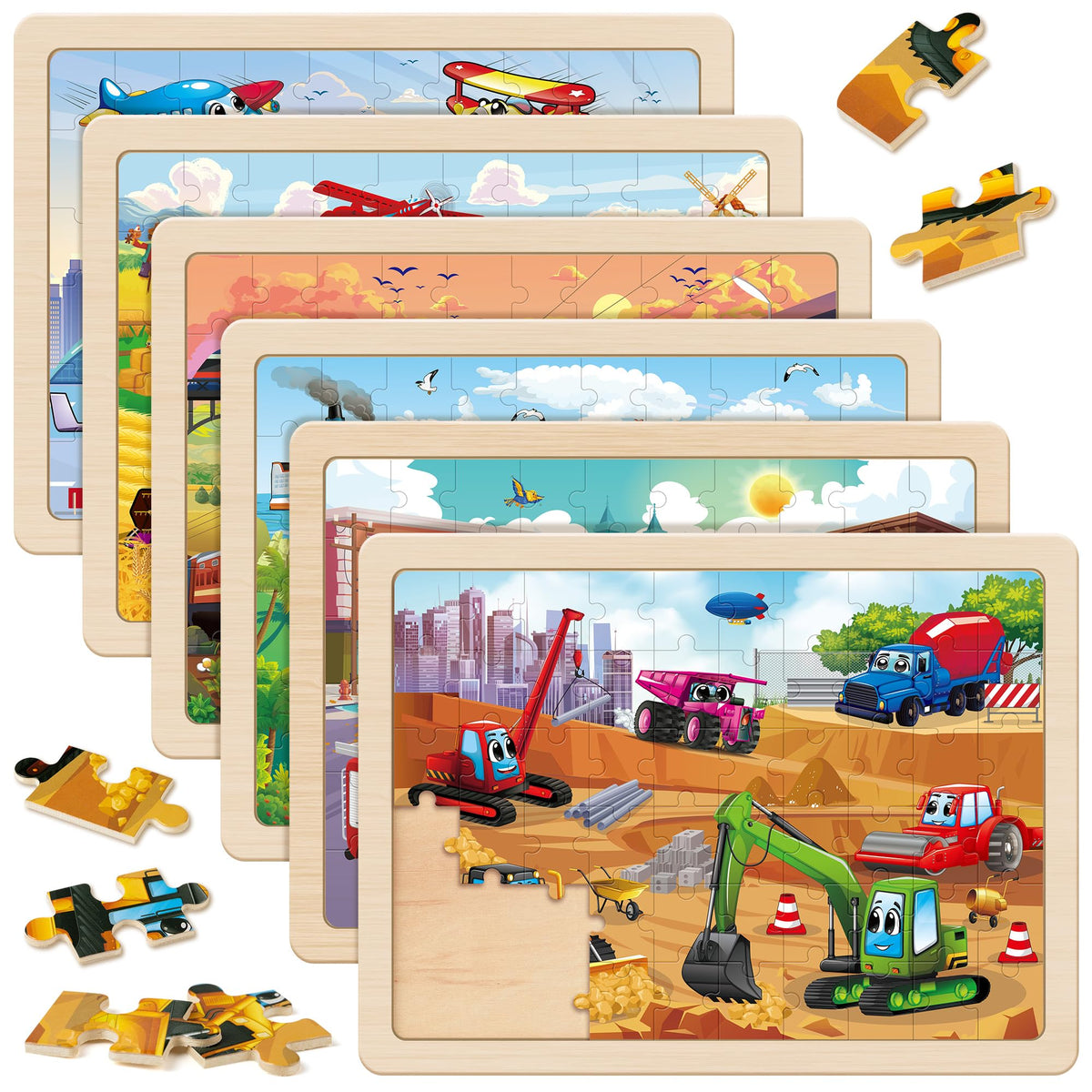 SYNARRY Large Wooden Vehicle Jigsaw Puzzles for Kids Ages 4-8, 60-Piece
